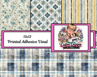 12x12 Printed Adhesive Vinyl Rustic Country Blues Floral Plaids