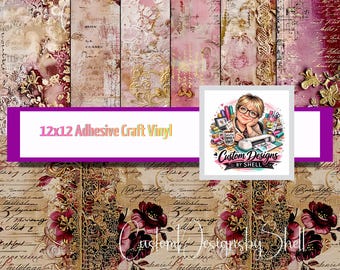 12x12 Printed Vinyl Victorian Shabby Distressed Floral Burgandy Daisy Tan Cream