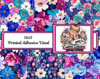 12x12 Printed Adhesive Vinyl Floral Flowers Blue Purple Pink White Teal
