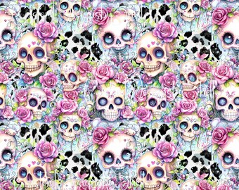 12 x 12 Printed Adhesive Pattern Vinyl Skull Skeleton Day of the dead Pink Purple Blue Cow spots