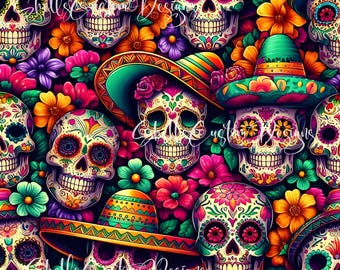 12x12 Printed Vinyl Sugar skull Sugarskull Floral Painted Green Orange