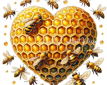 Printed Decal Honey Bees Honey Comb Heart Love Gold