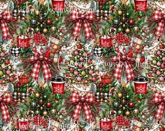 12x12 Printed Adhesive Vinyl Christmas Buffalo Plaid Bows & Coffee Printed Vinyl Christmas Tree Hot Cocoa Ornaments Holiday