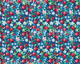 12x12 Printed Vinyl Cherry Cherries Blue Red Summer Floral Blossoms Pink