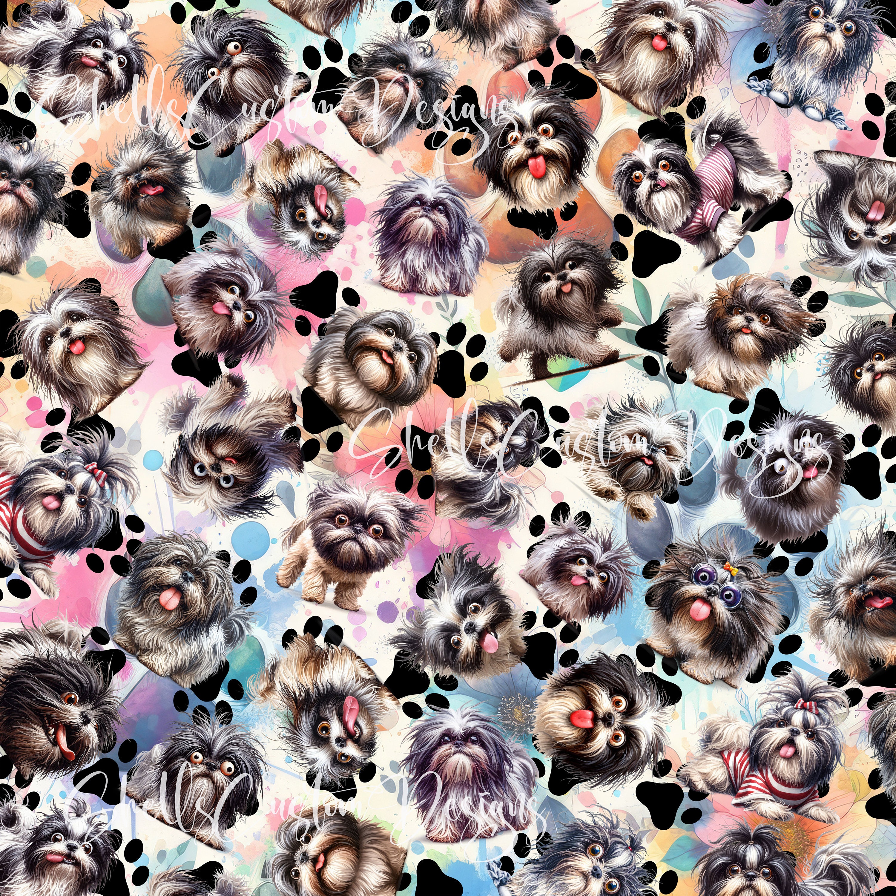 12 x 12 printed Pattern Shih Tzu Funny Dogs Paw Prints Gray Purple Blue Puppy
