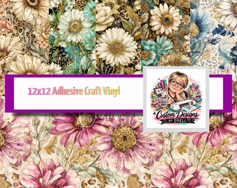 12x12 Printed Vinyl Painted Daisys Floral Cheetah Rustic Pink Teal Purple Brown