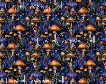 12x12 Printed Vinyl Fantasy Mushrooms Fairy Blue Dark Magic Purple Orange Yellow Gold