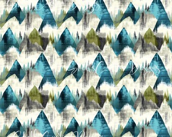 12x12 Printed Vinyl Rustic Mountains Fabric Green Blue Cream Tan