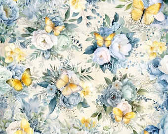 12 x 12 printed Pattern Vinyl Butterflies Roses Blooms Floral Blossom Yellow Blue
