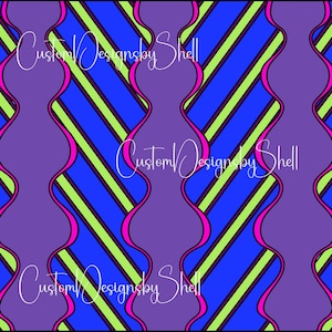May include: Abstract geometric pattern featuring diagonal blue and green stripes, with wavy purple and pink vertical lines. The text "Custom Designsby Shell" is repeated across the image.