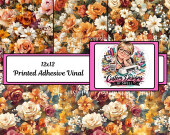 12x12 Printed Adhesive Vinyl Country Roses Summer Burgandy Cream Gold