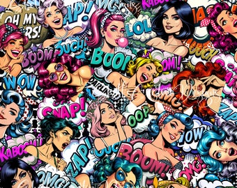 12x12 Vinilo impreso Cómics Chicas Mujer Boom Pow Kaboom WOW ZAP OMG Blanco Negro Azul