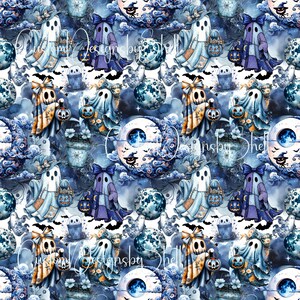 May include: A repeating pattern featuring watercolor illustrations of ghosts, pumpkins, moons, and bats in shades of blue, purple, and orange. The ghosts are adorned with bows and capes, holding lanterns. The design has a spooky, Halloween theme.