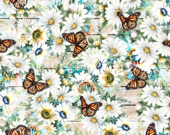 12x12 Printed Vinyl Daisies Monarch butterflies Distressed