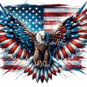 May include: A bald eagle with its wings spread wide, the feathers are painted in the colors of the American flag. The eagle is set against a background of a distressed American flag.