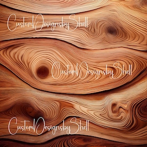 May include: A close-up of a wood grain pattern with a swirling, wave-like design. The wood is a warm brown color with reddish hues. The text "Custom Designs by Shell" is repeated three times in white cursive lettering.