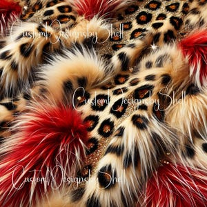May include: A digitally created pattern featuring a leopard print design with brown and black spots, interspersed with red and tan faux fur accents. The text "Custom Designsby Shell" is written in a cursive font.