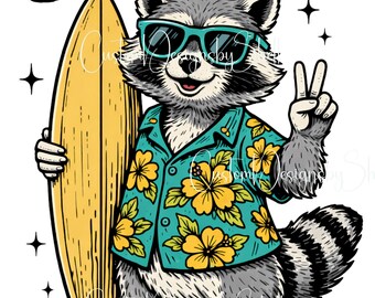 Printed Vinyl Decal White or Clear Raccoon Surfer Summer Bruh
