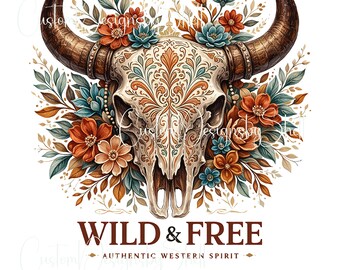 Printed Adhesive Vinyl Decal Cow Scull Wild and Free Floral
