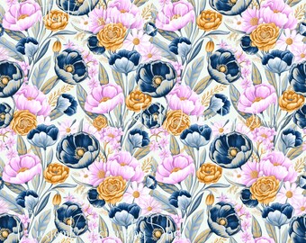 12x12 Pattern Printed Adhesive Vinyl Spring Summer Tulips Lavender Navy Blue Country