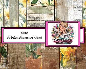 12x12 Printed Adhesive Vinyl Country Shabby Chic Woodgrain Daffodil Floral
