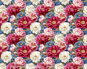12 x 12 printed Pattern Red Pink White Blue Flowers Peony 4th July Summer
