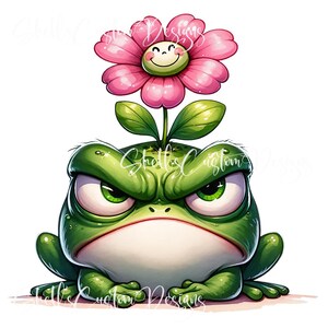 May include: A green frog with a grumpy expression has a pink flower with a smiling face growing on its head.