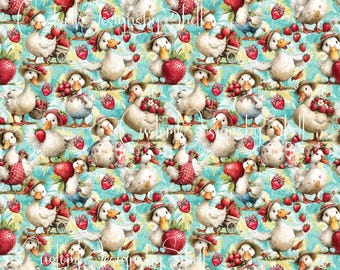 12x12 printed vinyl Goose Geese Porch Feathers Strawberries red teal