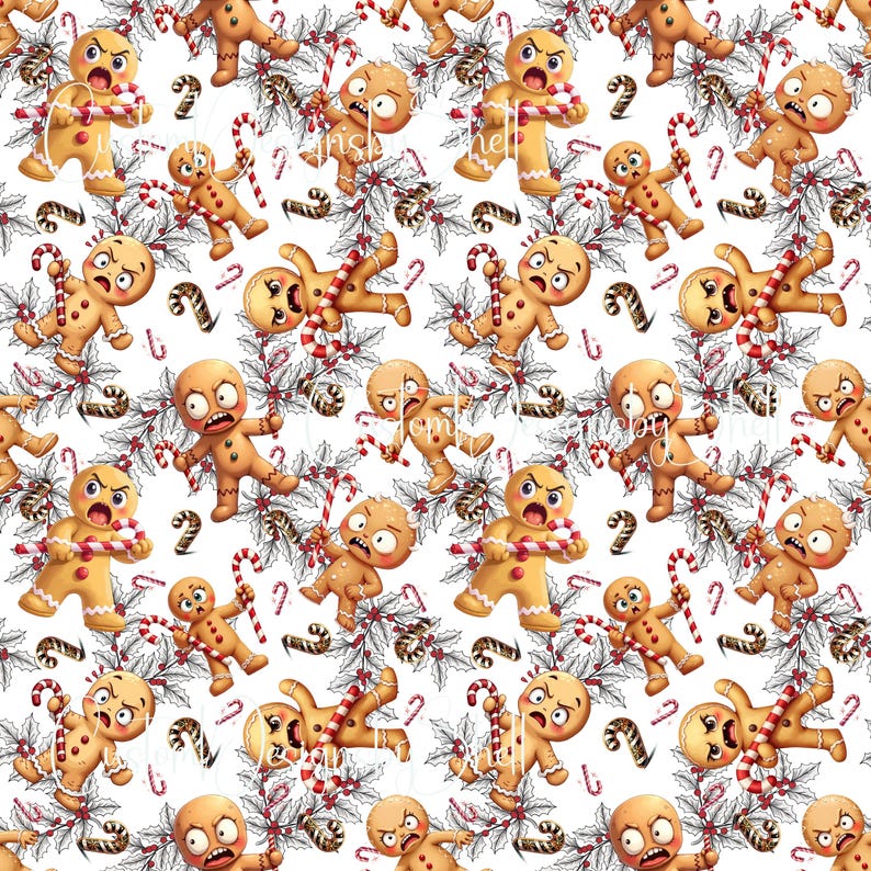May include: A repeating pattern of cartoon gingerbread men with angry expressions, holding candy canes, and surrounded by holly leaves and berries on a white background. The gingerbread men are various sizes and poses.