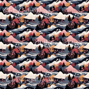 12x12 Printed Vinyl oriental Black and Pink Mountains watercolor