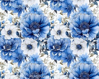12x12 Printed Vinyl Floral Flowers Blooms Poppi Country blossoms Blue Cream