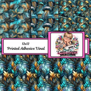 May include: A collection of 12x12 printed adhesive vinyl sheets featuring various designs. The designs include starfish, jellyfish, fish, and a floral pattern in shades of teal, gold, and blue. A graphic with the text "Custom Designs by Shell" is also included.