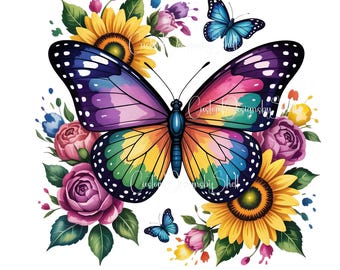 Printed decal Vinyl Rainbow Butterfly Floral Country Flowers Hearts