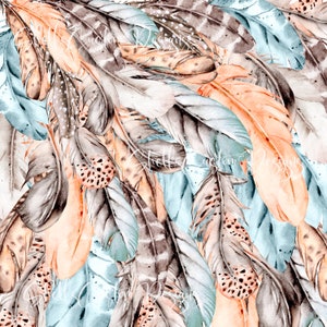 May include: A watercolor painting of a collection of feathers in shades of brown, gray, peach, and blue. The feathers are arranged in a random pattern, creating a textured and organic design.