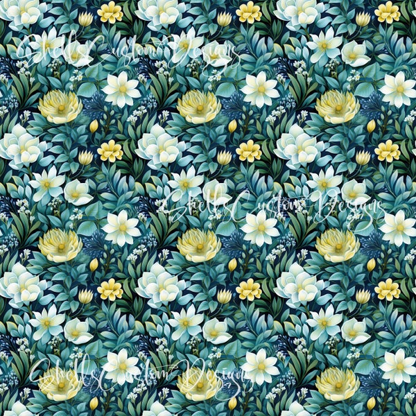 12 x 12 printed Pattern Vinyl Midnight Blooms Buttercups Daisy Blue Yellow White