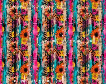 12x12 Printed Vinyl Roses Pink Green Teal Orange Sunflowers Wild Blooms Cheetah Leopard