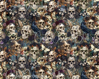 12 x 12 Printed Adhesive Vinyl Fall Goth Sugar Skull Flowers Crow Eye