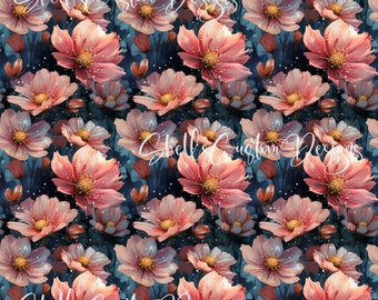 12x12 Printed Vinyl Peach Apricot Blue Blooms Navy