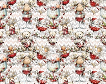 12x12 printed vinyl Christmas Wine Party Bears Snowman Reindeer Angel Elf Ornaments Red Moose