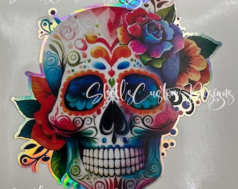 printed Sugar Skull with white decal Holographic decal
