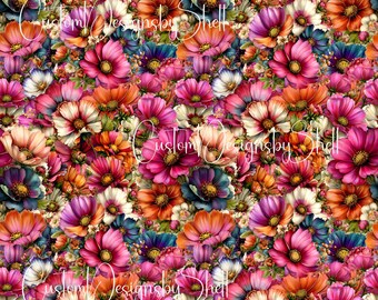 12 x 12 printed Pattern Bright Spring Blooms Pink Blue Cream Orange