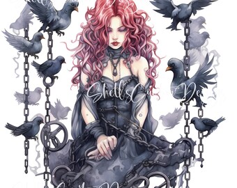 Printed Decal Halloween Gothic Witch Crows Blackbirds Chains