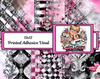 12x12 Printed Adhesive Vinyl Watercolor Pink Goth Plaid Black Floral