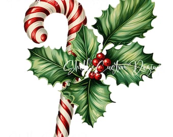 Printed decal Vinyl Candy Cane Holly Berries Winter Christmas