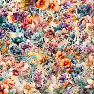 May include: A seamless pattern featuring a variety of watercolor flowers in shades of blue, pink, orange, yellow, and purple. The flowers are arranged in a random pattern on a white background.