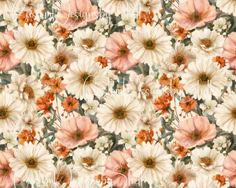12 x 12 Printed Adhesive Pattern Fall Orange Pink Coral Fall Summer Blooms Flowers Floral Roses