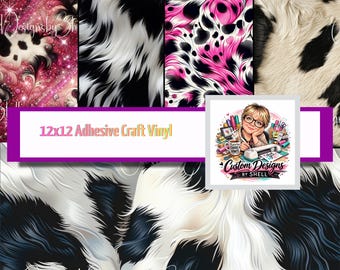12x12 Pattern Printed Adhesive Vinyl Cow Hide Fur Highland Black Pink