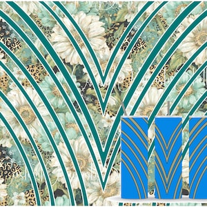 May include: Three blue tumblers with a gold and teal chevron design. The background features a floral pattern with white and teal flowers, leopard print accents, and teal arching stripes.