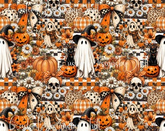 Vinilo adhesivo impreso de 12 x 12 pulgadas con diseño espeluznante de Halloween otoñal: calabazas, fantasmas, gato negro y flores otoñales.