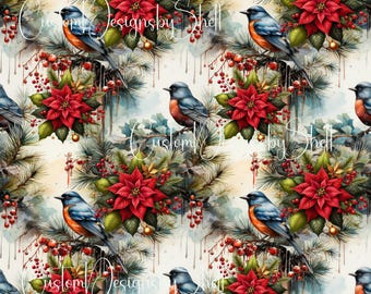 12x12 printed vinyl Bird Christmas Holly Berries Poinsettia Robin Winter